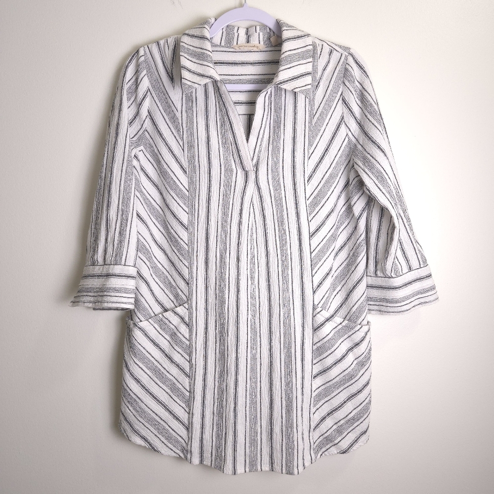 SOFT SURROUNDINGS Artsy Gray Striped V-neck 3/4 Sleeve Tunic Mini Dress S
